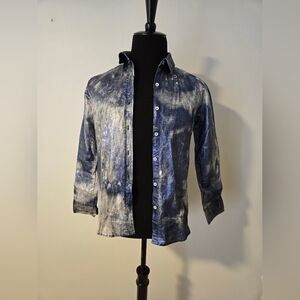 Lanhtropy women's San Marino  Blue and White Tie-Dye Button-Up Shirt.